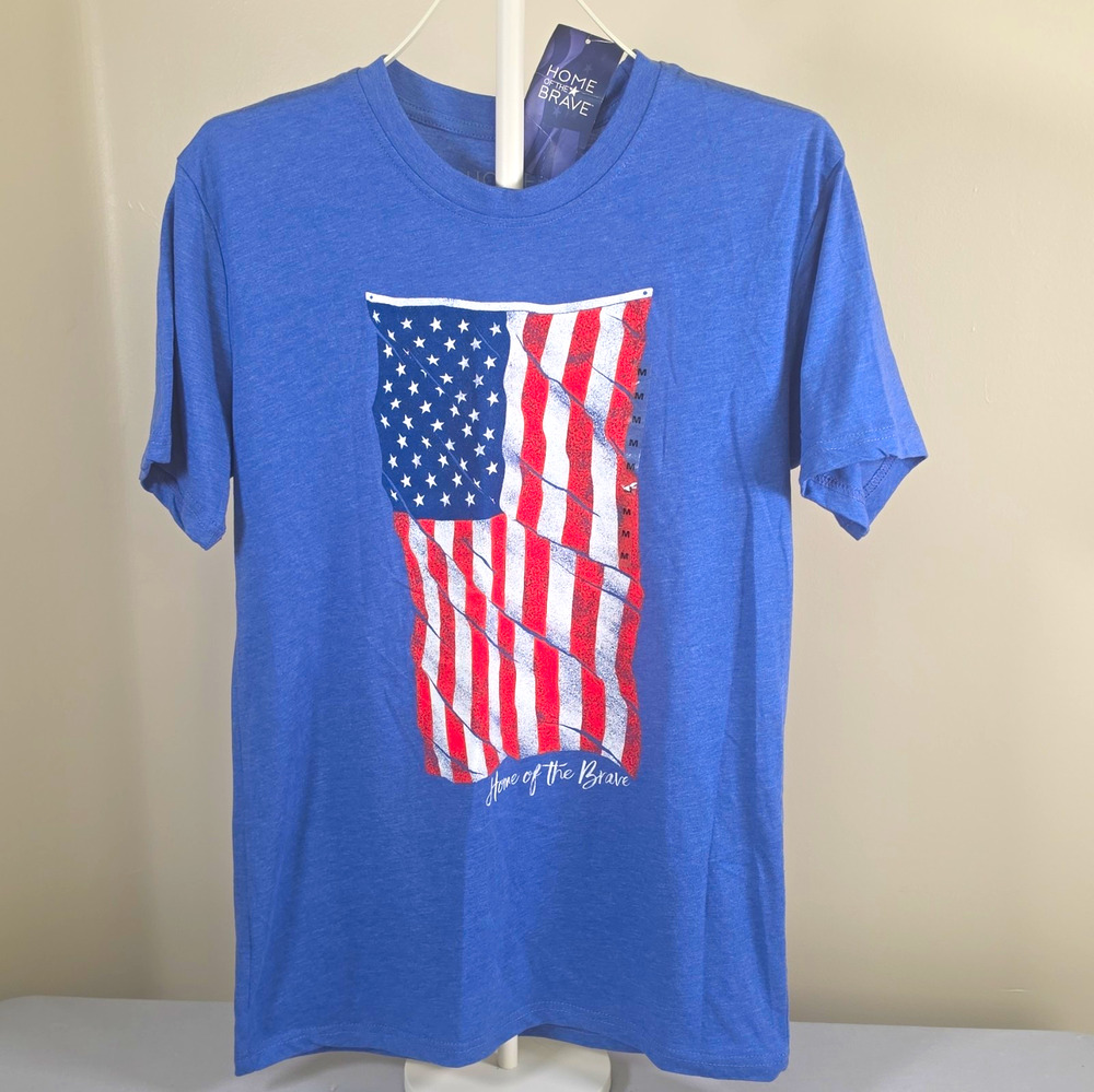 Home of the Brave Men's Blue USA Flag Patriotic Graphic Crew Neck T-Shirt M